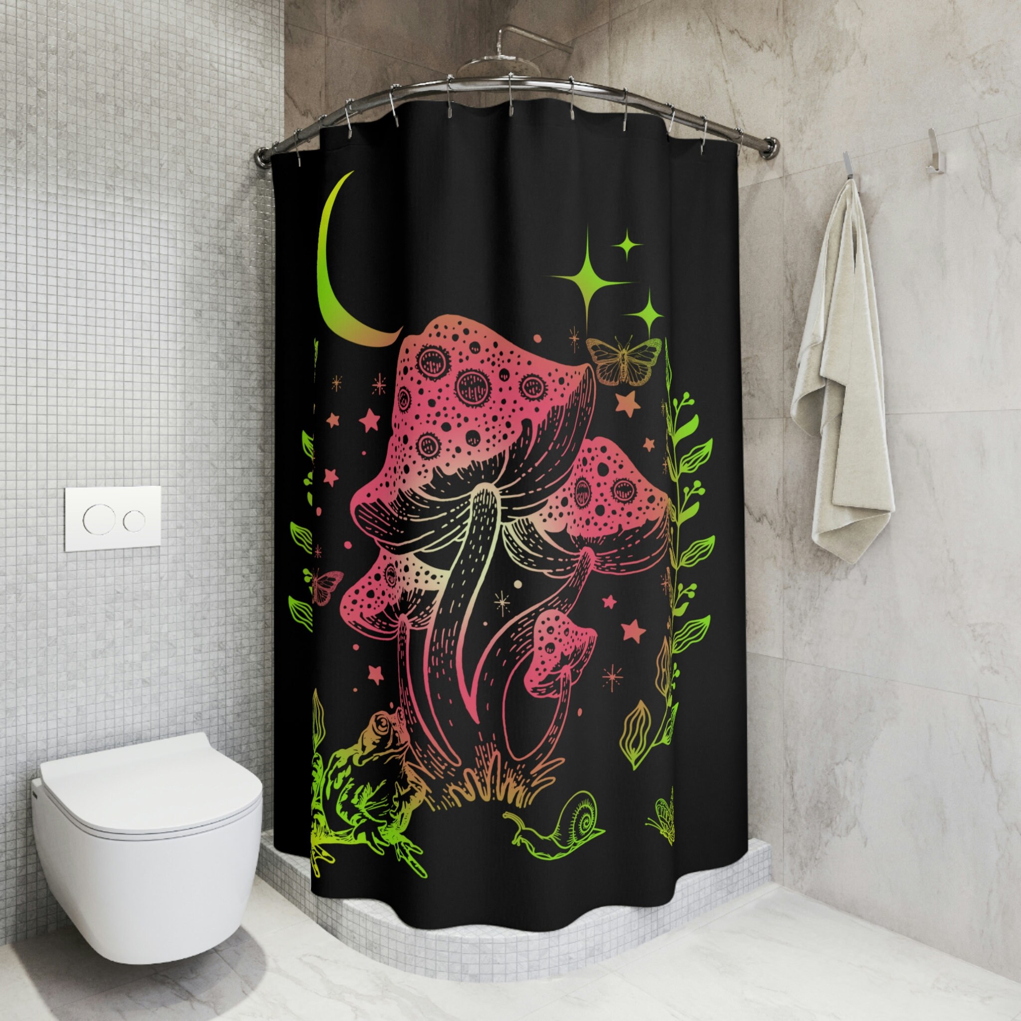 Frog and Mushroom Shower Curtain With Quarter Moon and Stars in Pink,  Green, and Yellow Gradient Handmade Unique Bathroom Decor 