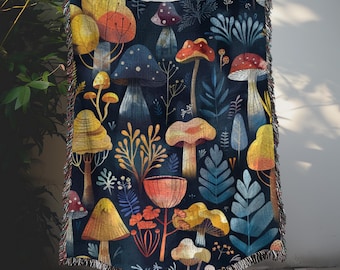 Mushroom Woven Blanket: Enchanted Forest Tapestry, Cottagecore Decor