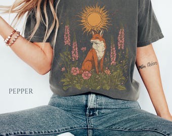 Vintage Folklore Fox Flower Comfort Color Shirt, Boho Celestial Wildflower Tee, Cottagecore Tee for Nature Lovers, Forestcore Botanical Tee