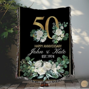 Personalized 50th Anniversary Woven Cotton Blanket: Golden Floral Keepsake