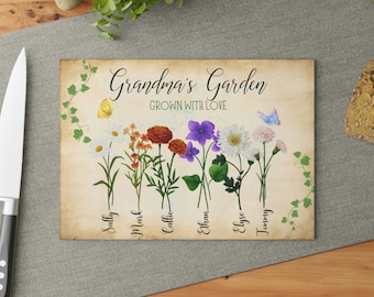 Personalized Birth Flower Cutting Board, Grandma&#39;s Garden Cutting Board, Decorative Tempered Glass Chopping Board, Charcuterie Board,