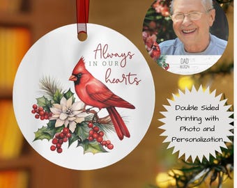 Personalized Cardinal Photo Ornament, Metal Christmas Tree Decor, Memorial Gift
