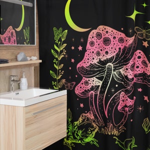 Frog and Mushroom Shower Curtain: Pink, Green, and Yellow Gradient Bathroom Decor