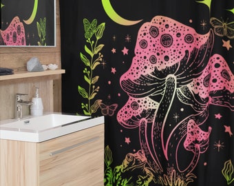 Frog and Mushroom Shower Curtain: Pink, Green, and Yellow Gradient Bathroom Decor