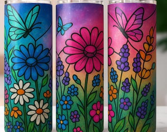 Floral Tumbler Wrap | Stained Glass Galaxy Daisy Design (PNG)