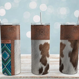 Cowhide Tumbler PNG: Turquoise Aztec Western Design (Digital Download)