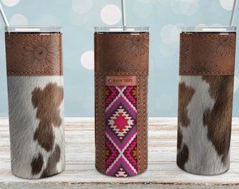 Cowhide Tumbler PNG: Pink Aztec Western Leather Wrap (Digital Download)