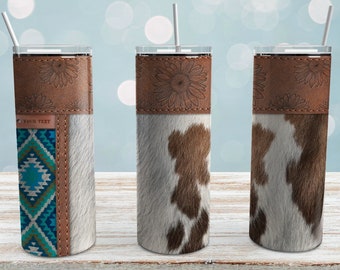 Cowhide Tumbler PNG: Turquoise Aztec Western Design (Digital Download)