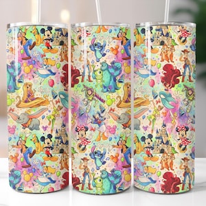 Cartoon Characters Seamless Tumbler Wrap, Characters Skinny Tumbler Png, Princess/Mouse/Duck Tumbler Designs/Png, Sublimate Tumbler Designs