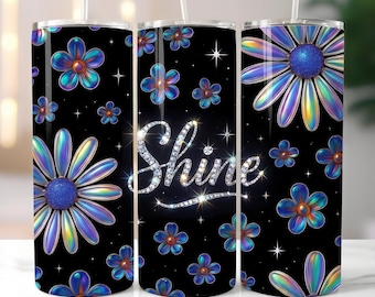 Floral Tumbler Wrap, Iridescent Flower & Shine Rhinestone Text (PNG)