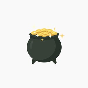 May include: A black cauldron filled with gold coins. The cauldron has three small legs and is surrounded by sparkling stars. The gold coins are round and shiny, and the image has a cartoon style.