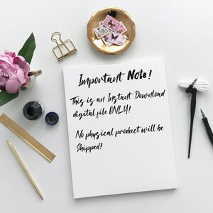 May include: A still life composition with a white paper bearing the text "Important Note!" and various stationery items. A gold pen, a brass clip, and a small dish with stamps are present. A pink peony and ink bottles complete the scene.