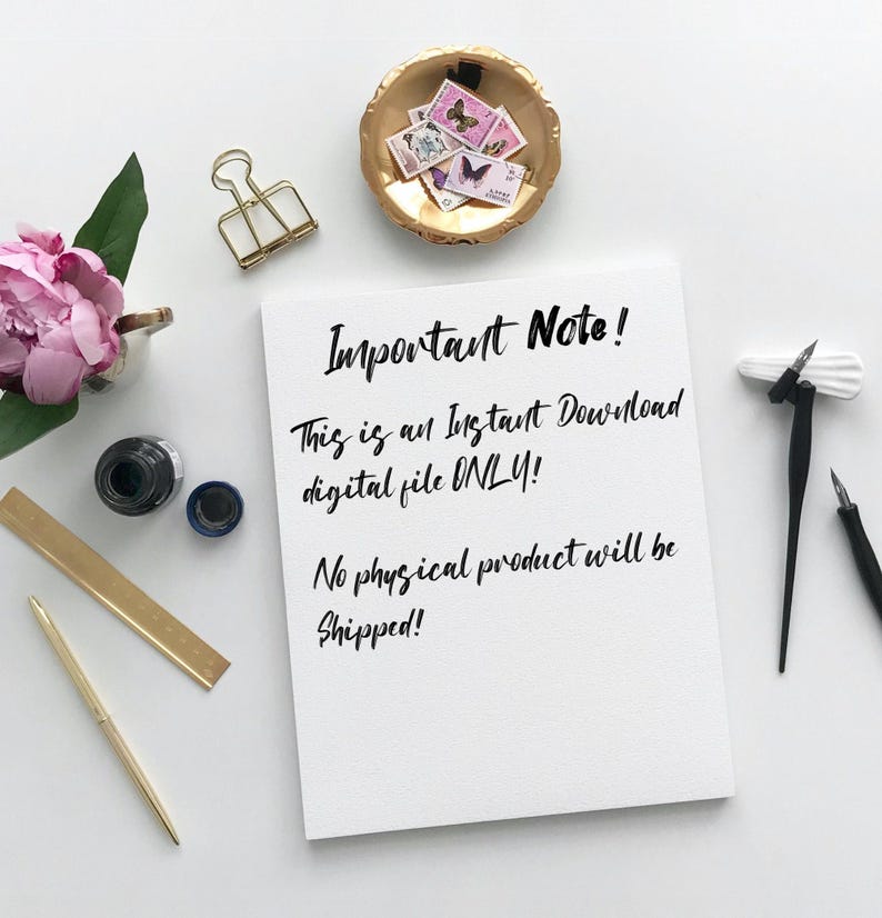May include: A still life composition with a white paper bearing the text "Important Note!" and various stationery items. A gold pen, a brass clip, and a small dish with stamps are present. A pink peony and ink bottles complete the scene.