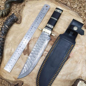 Custom Handmade Damasscus Steel Hunting Bowie With Rose Wood Handle ,Hunting Knife , Christmas Gift , Birthday Gift , Anniversary Gift .