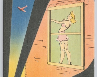 Vintage Comic Postcard, "What We Found in Last Night's Blackout", Woman Undressing, Risque Humor Postcard, c1940s unposted