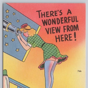May include: A vintage postcard illustration featuring a person in a green plaid dress standing on a green step ladder looking through a telescope at a blue star-filled panel. The text reads, There's a wonderful view from here! A person with a beard looks up.
