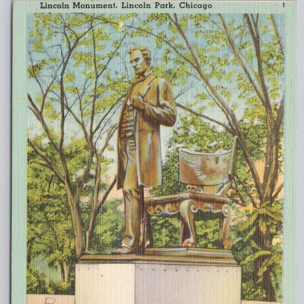 Vintage Postcard, Abraham Lincoln Monument, Lincoln Park, Chicago Illinois, Augustus Saint-Gaudens, 1940s unposted