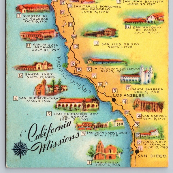 Vintage Postcard, California Mission, California State Map Postcard, Spanish Missionss c1940s unposted