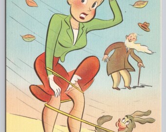 Vintage Comic Postcard, "I've Had My Hands Full Lately... Will Write Soon", Woman Walking Dog, Risque Comic Postcard, c1940s unposted
