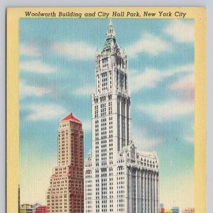 Vintage Postcard, Woolworth Building & City Hall Park, New York City NY, c1940s unposted