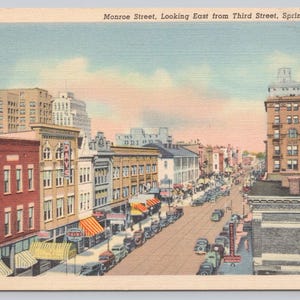 Vintage Postcard, Monroe Street, Looking East from Third Street, Springfield Illinois, old cars & store fronts, 1940s unposted