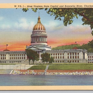 Vintage Postcard, West Virginia State Capitol Building and Kanawha River, Charleston West Virginia, c1940s unposted
