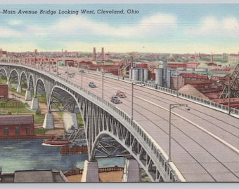 Vintage Postcard, Main Avenue Bridge Looking West, Cleveland Ohio, c1940s unposted, old cars