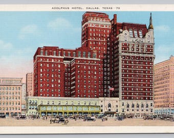 Vintage Postcard, Adolphus Hotel, exterior view, old cars, Dallas Texas, 1940s unposted