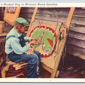 Vintage Postcard, Man Making a Hooked Rug, Western North Carolina, c1940s unposted