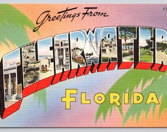 Vintage Postcard, Greetings from Clearwater Florida, Large Letters Postcard, 1940s unposted
