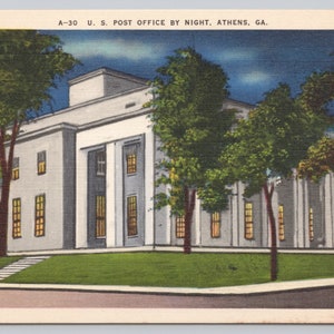 Vintage Postcard, U.S. Post Office by Night, Athens Georgia, c1940s unposted