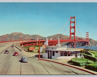 Vintage Postcard, Cars driving across the Golden Gate Bridge, San Francisco California, c1960s unposted
