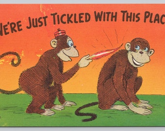 Vintage Comic Postcard, "We're Just Tickled With This Place", Monkey Tickling Another Monkey, c1940s unposted
