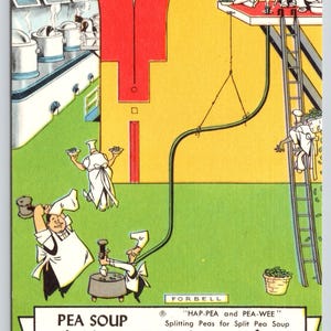 May include: A vintage-style postcard illustration featuring cartoon chefs in white uniforms preparing split pea soup. The text reads: PEA SOUP ANDERSEN'S RESTAURANT, Buellton, California, and "HAP-PEA and PEA-WEE" Splitting Peas for Split Pea Soup.