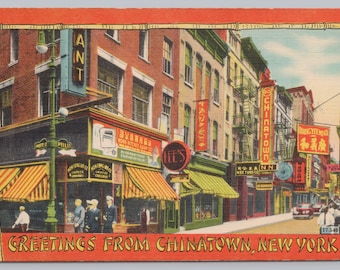 Vintage Postcard, Greetings from Chinatown New York City NY, Mott Street, Pell Street, c1940s unposted