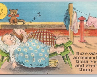 Vintage Comic Postcard, "Have Swell Accommodations - View and Everything", Hotel Palooka, Sleeping on Roof, Vacation Humor, c1940s unposted