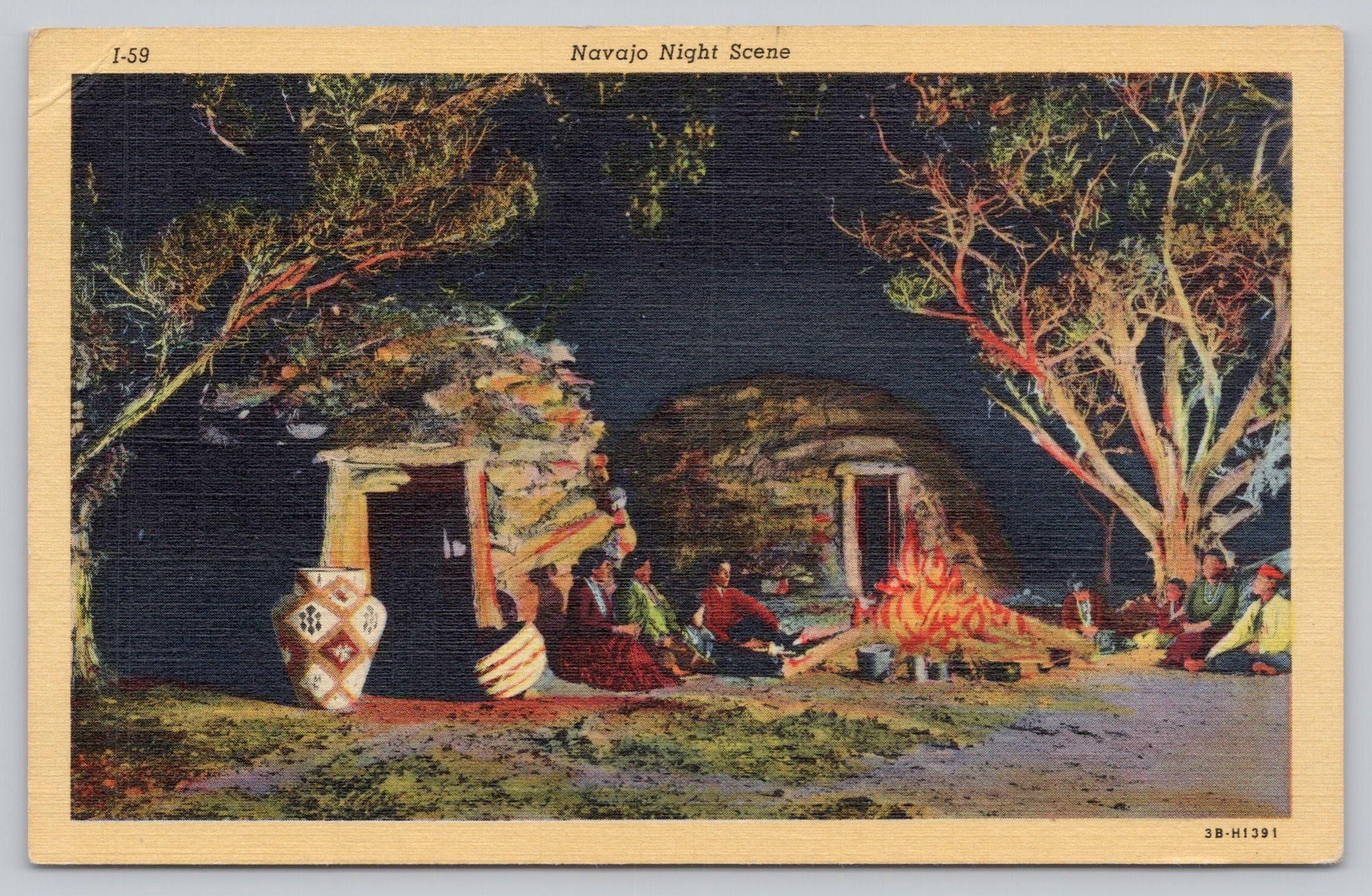 Vintage Postcard, Navajo Night Scene, Navajo Indian Hogans and Fire