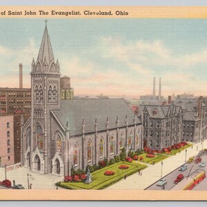 Vintage Postcard, Cathedral of St. John the Evangelist, street view with old cars & trolley, Cleveland Ohio, c1940s unposted