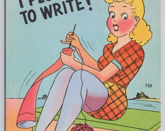 Vintage Comic Postcard, "Darn it! I Plum Forgot to Write! - And That's My Yarn", Woman Sewing Humor, c1940s unposted
