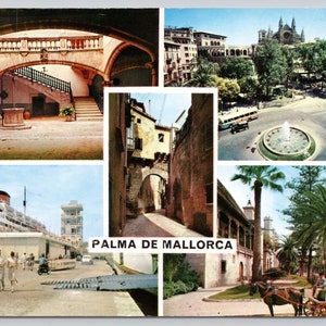 May include: Vintage postcard featuring multiple scenes of Palma de Mallorca. The images include architecture, a cruise ship, a street scene with a horse-drawn carriage, and a city square with a fountain. The text "Palma de Mallorca" is visible.