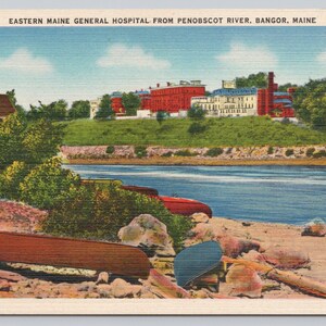 Vintage Postcard, Eastern Maine General Hospital, view from Penobscot River, Bangor Maine, c1940s unposted