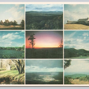 May include: A vintage postcard featuring nine scenic views of a mountainous landscape. The postcard shows a variety of scenes, including a lake, a forest, a sunset, and a building. The postcard is in good condition, with some minor wear and tear.