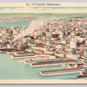 Vintage Postcard, Aerial View of Seattle Washington Ports, Seattle Seaport Piers, c1940s unposted