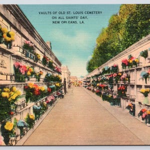 Vintage Postcard, Vaults of Old St Louis Cemetery on All Saints Day, New Orleans Louisiana, c1940s unposted