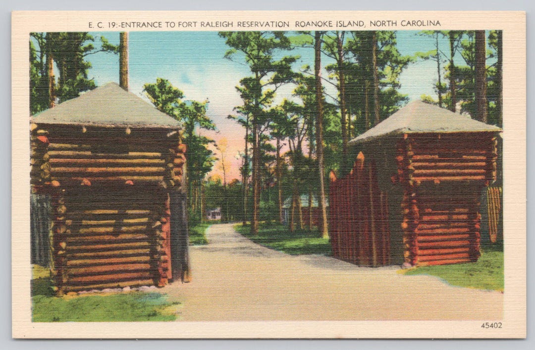 Vintage Postcard, Entrance to Fort Raleigh Reservation, Roanoke Island ...