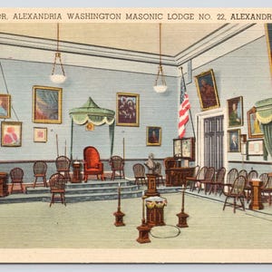 Vintage Postcard, Alexandria Washington Masonic Lodge No. 22 Interior, Alexandria Virginia, c1940s unposted