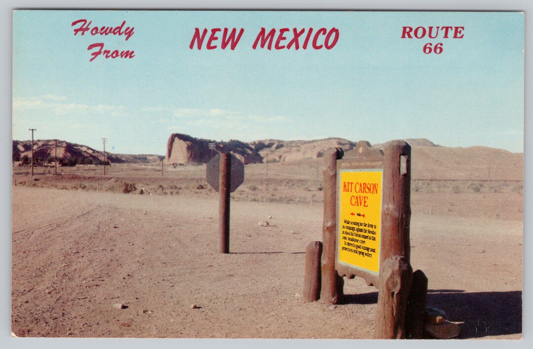 Vintage Postcard, Howdy From New Mexico, Route 66, Kit Carson Cave Sign ...