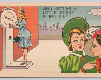 Vintage Comic Postcard, "She's Getting a Little Behind in Her Diet", Risque Pun Humor Postcard, c1940s unposted