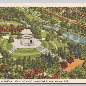 Vintage Postcard, Aerial View of McKinley Memorial and Canton&#39;s Park System, Canton Ohio, c1940s unposted