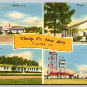 Vintage Postcard, Moody Air Force Base, Valdosta Georgia Multi View, airplane, chapel, hospital, c1940s unposted